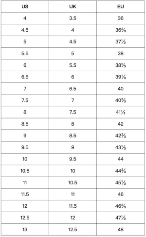 Yeezy Size Chart